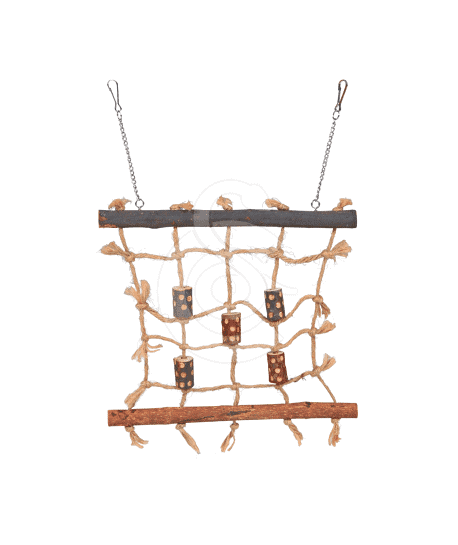 Jouet oiseau : mur d'escalade en bois et corde